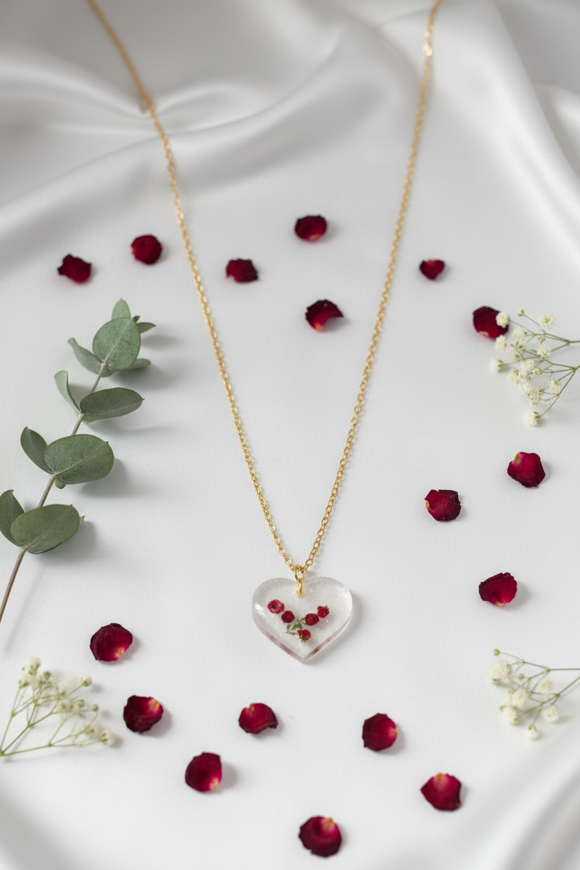 Collar corazón transparente con flores